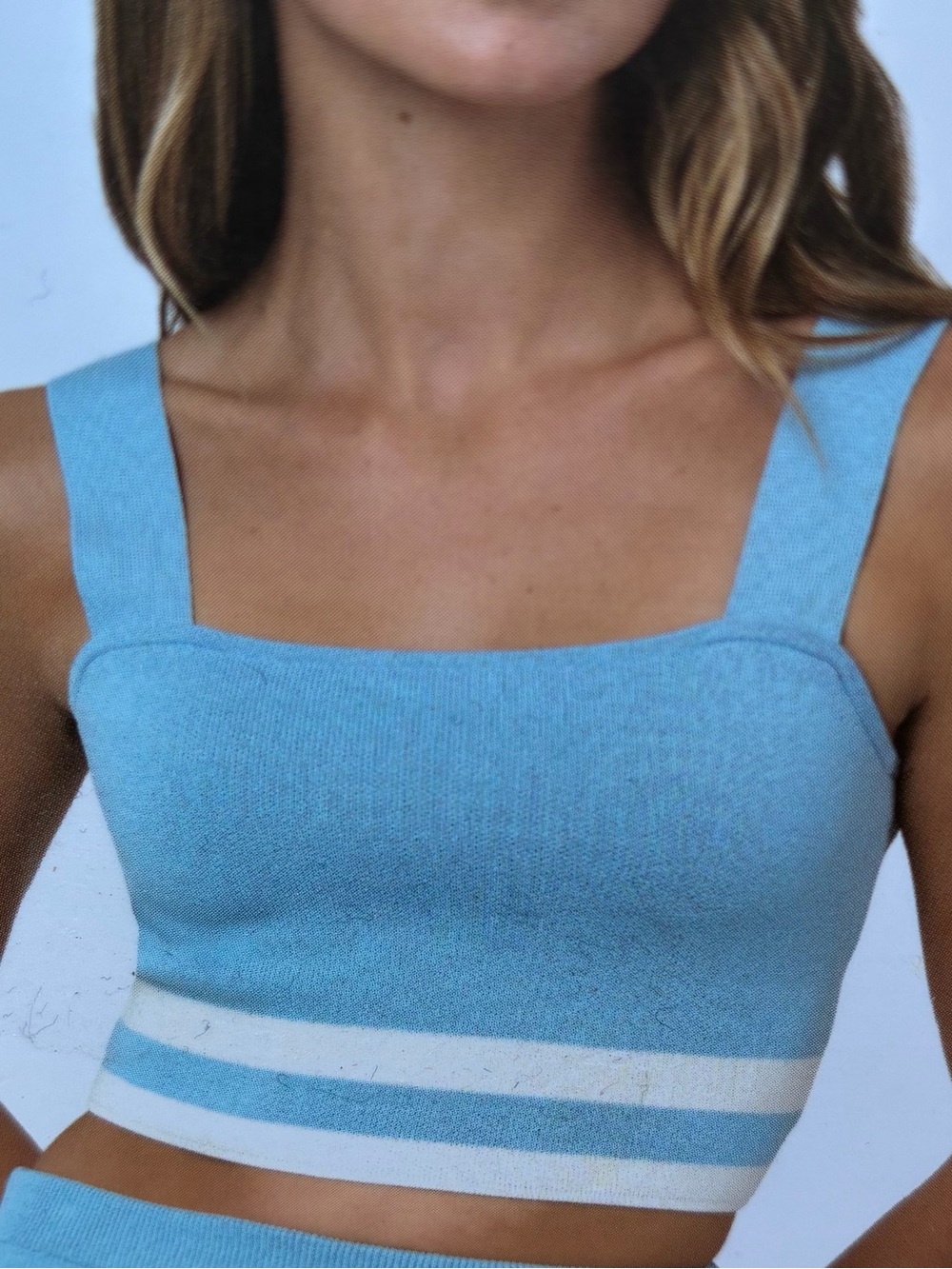 Light Blue Aqua Striped Knit Cropped Tank Top